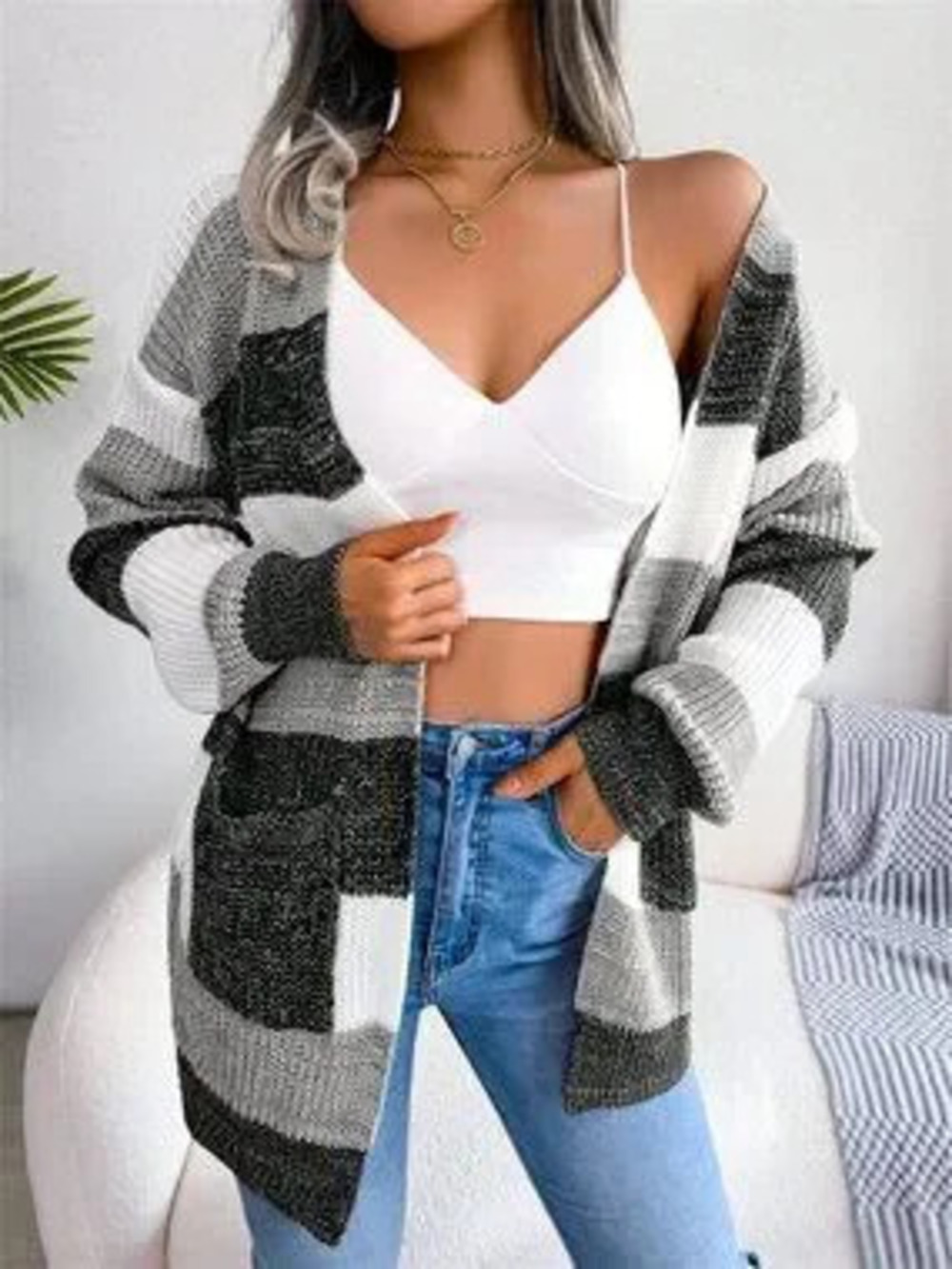 Black Casual Women's Striped Long Sleeve Open Front Knit Cardigan Sweater